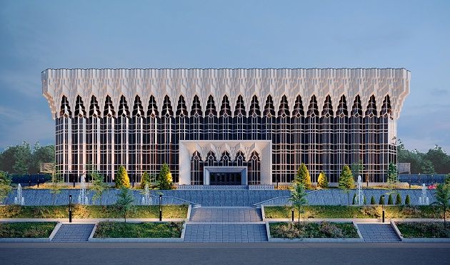 Главный фасад аппаратно-студийного комплекса телецентра в Алматы